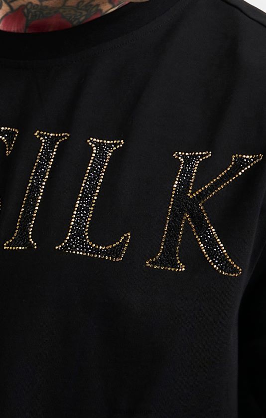 SikSilk menn svart oversized rhinestone logo t-skjorte V8JH48383 klær